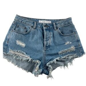 Subdued Vintage Crop Distressed Denim Shorts Light Wash Blue Button Fly Size 27